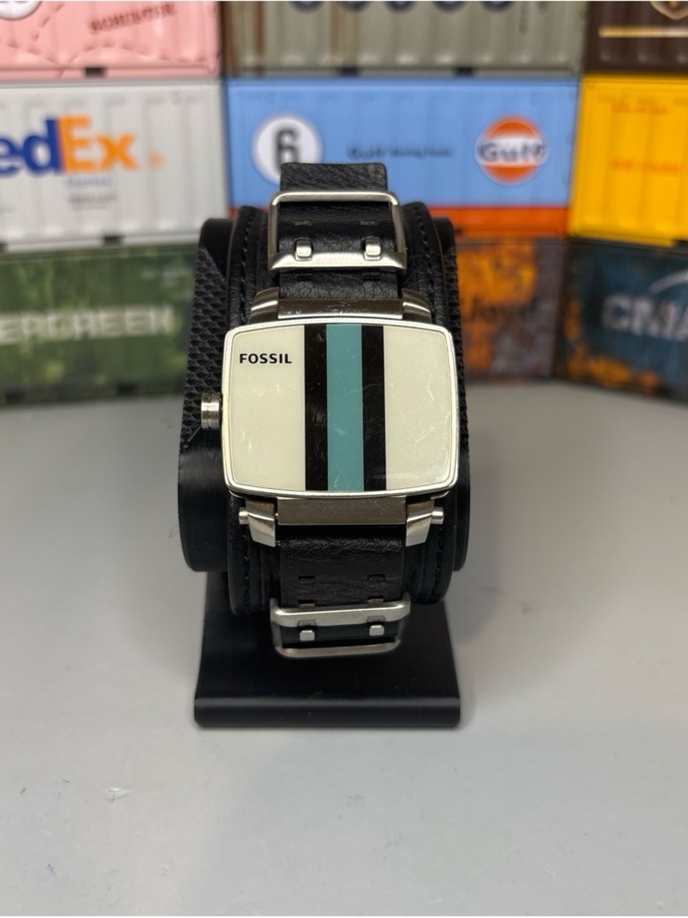 Fossil Men's Black Leather Cuff Watch with Cream & Light Blue Stripe